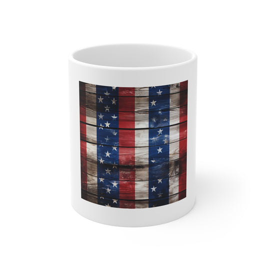 Patchwork American Flag Wood Coffee Mug – Rustic Mosaic USA Flag Mug – Barnwood Patch Flag Cup – Distressed Americana Gift American Flag Rustic Wood 11oz Mug – Patriotic Stars & Stripes Coffee Cup...