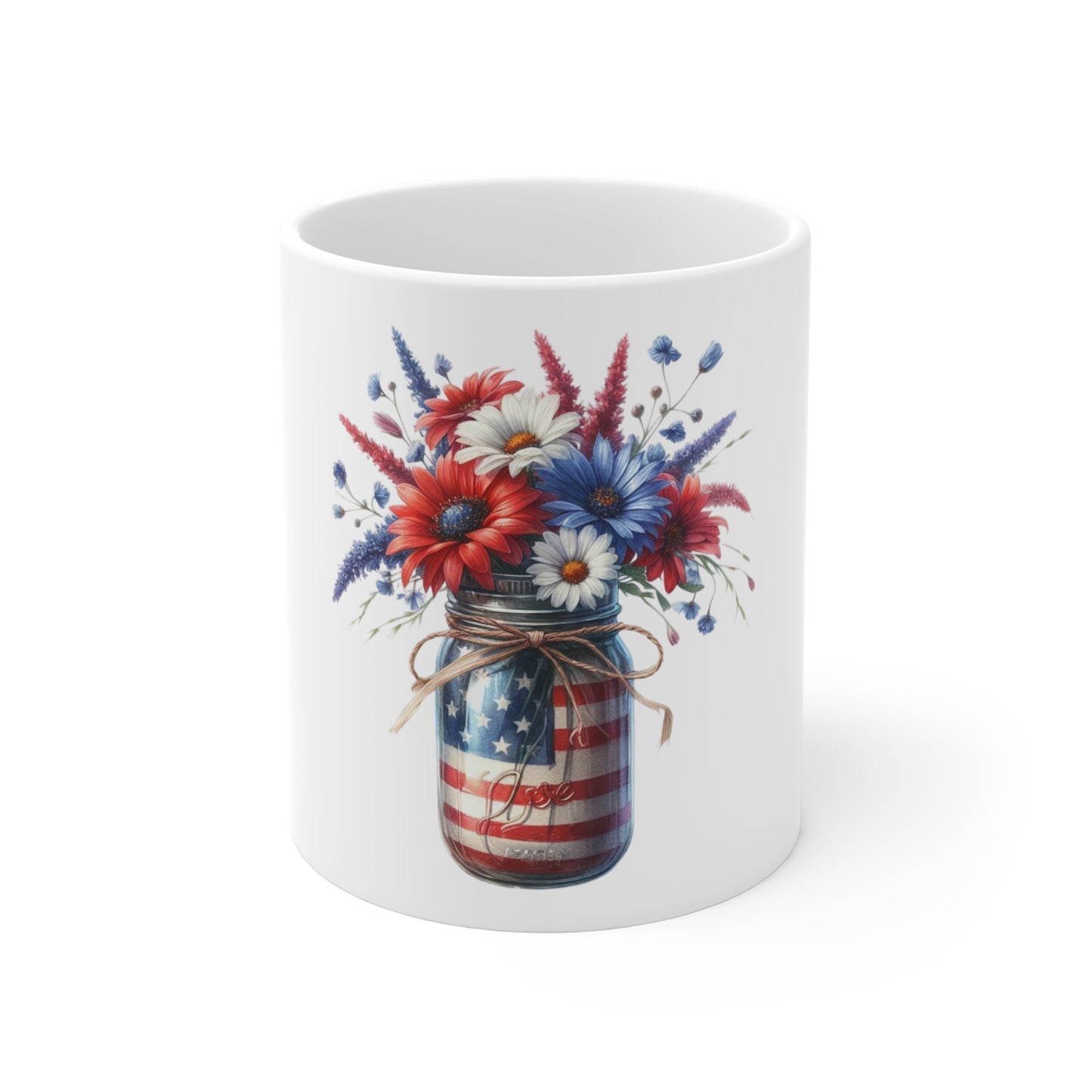 Patriotic Floral Mason Jar Coffee Mug – Red White Blue Flower Arrangement Mug – Americana Wildflower Vase Cup – Rustic 4th of July Gift Patriotic Mason Jar Floral Mug – 11oz Red White Blue Bouquet...