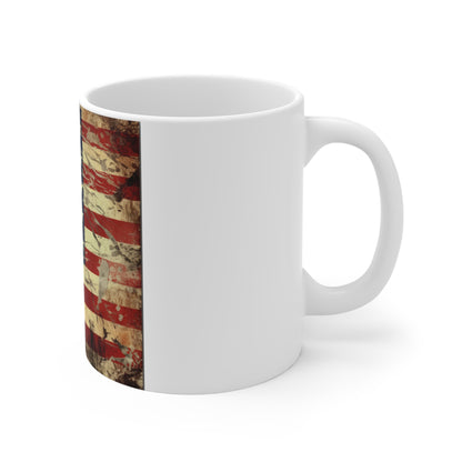 Scratched Grunge American Flag Coffee Mug – Rugged Distressed USA Flag Mug – Vintage Worn Patriotic Mug – Raw Americana Gift 11oz