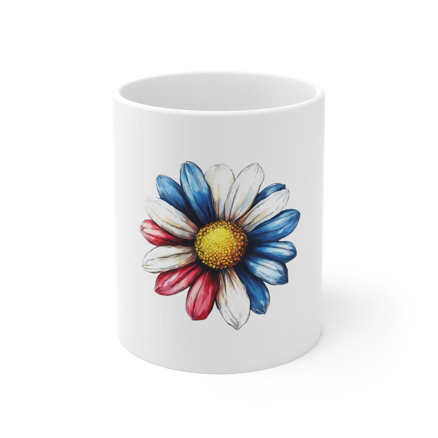 Patriotic Daisy 11oz Mug — Red, White & Blue Flower Coffee Cup