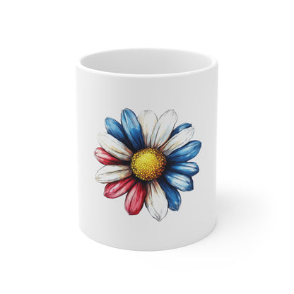 Patriotic Daisy 11oz Mug — Red, White & Blue Flower Coffee Cup