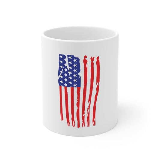 Vertical Distressed American Flag Coffee Mug – Dripping USA Flag Mug – Grunge Patriotic Cup – Bold Americana Gift Mug 11oz