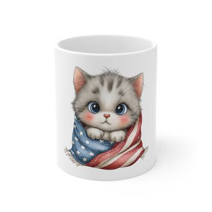 Cute Patriotic Kitten Blanket Mug – American Flag Cat Coffee Mug – Cozy Americana Cat Mug – Red White Blue Kitten Gift Patriotic Kitten Mug - Cute Cat Wrapped in American Flag 11oz