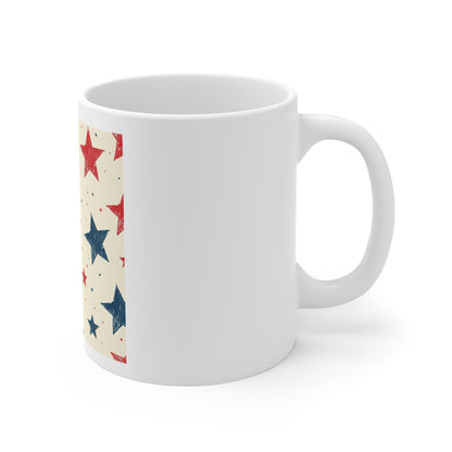 Hand-Drawn Patriotic Stars Coffee Mug – Vintage Sketch Star Mug – Rustic Americana Star Pattern Cup – Red Blue Artistic Stars Mug Patriotic Red & Blue Star 11oz Coffee Mug - Americana Fourth of July...