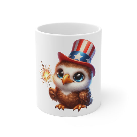 Patriotic Baby Eagle Coffee Mug – Cute American Eagle Mug – Fireworks Sparkler USA Mug – Red White Blue Freedom Cup 11oz