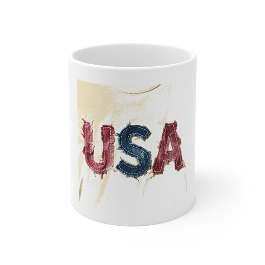 Distressed USA Patch Coffee Mug – Vintage Americana Fabric Mug – Rustic USA Lettering Cup – Patriotic Gift Mug 11oz