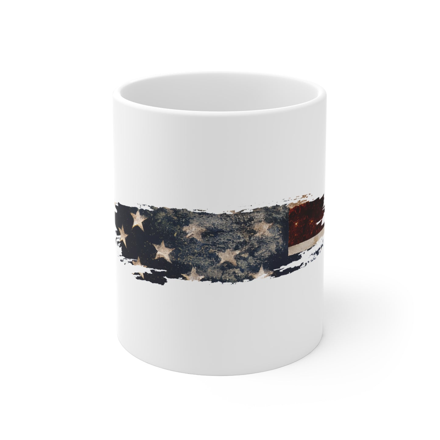 Distressed USA Flag Brush Stroke Mug – Vintage American Flag Coffee Cup – Soft Worn Patriotic Design Mug 11oz