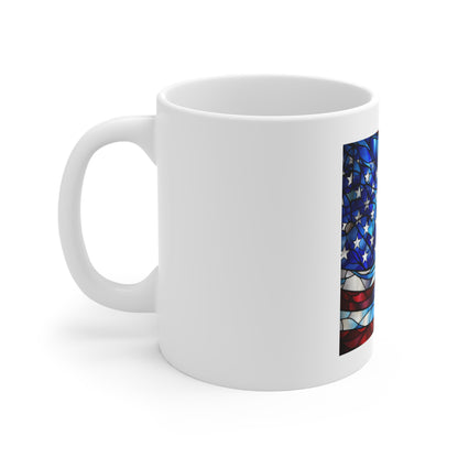 Stained Glass American Flag Coffee Mug – Flowing Wave Patriotic Mug – Colorful USA Flag Cup – Artistic Americana Gift – Premium Art Mug