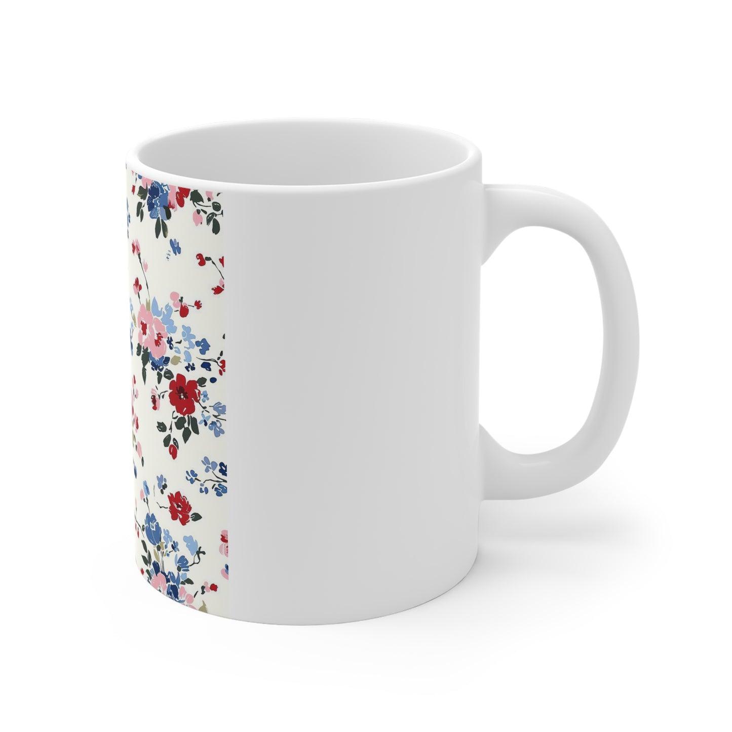 Vintage Patriotic Floral Coffee Mug – Red White Blue Garden Mug – Americana Cottage Flower Mug – Soft Botanical USA Cup Floral Vintage Ditsy Pattern Mug — 11oz Ceramic Coffee Cup