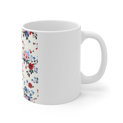 Vintage Patriotic Floral Coffee Mug – Red White Blue Garden Mug – Americana Cottage Flower Mug – Soft Botanical USA Cup Floral Vintage Ditsy Pattern Mug — 11oz Ceramic Coffee Cup