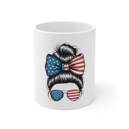 Patriotic Messy Bun Mug – American Flag Sunglasses & Bow 11oz