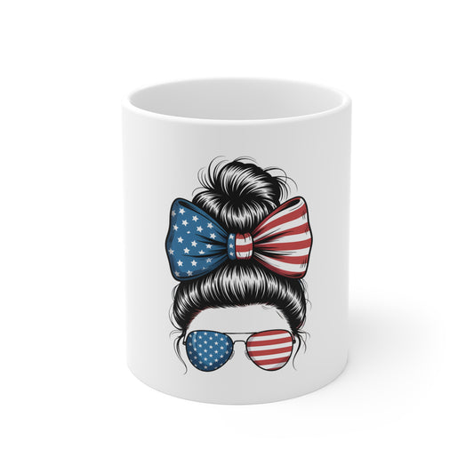 Patriotic Messy Bun Mug – American Flag Sunglasses & Bow 11oz