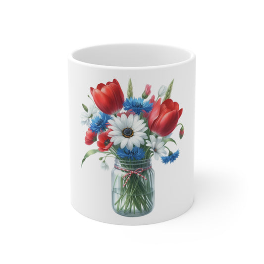 Patriotic Tulip & Daisy Mason Jar Coffee Mug – Red White Blue Floral Mug – Americana Spring Bouquet Cup – Cottagecore Gift Mug Patriotic Mason Jar Floral Mug — Red Tulips & Blue Daisies 11oz