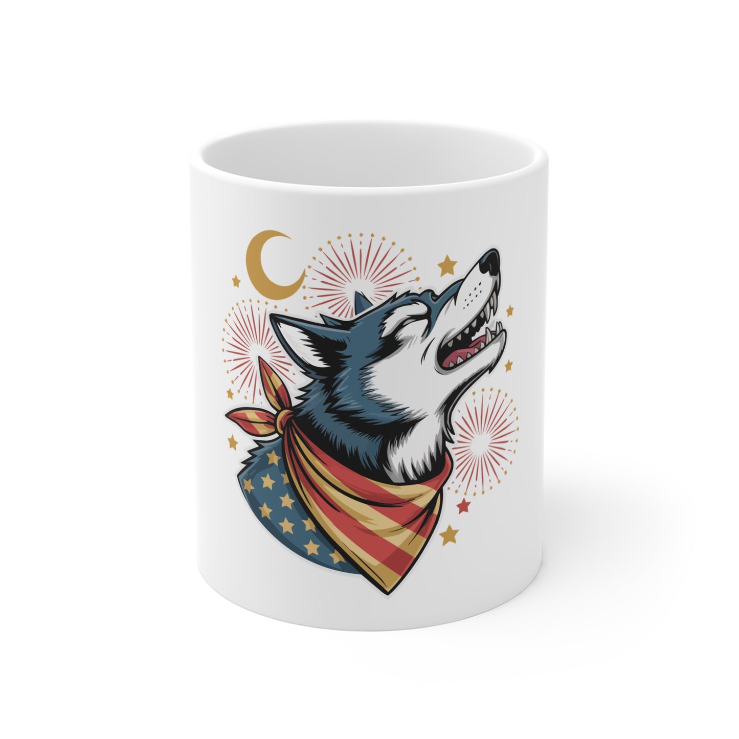 Patriotic Husky Mug — American Flag Bandana Coffee Cup