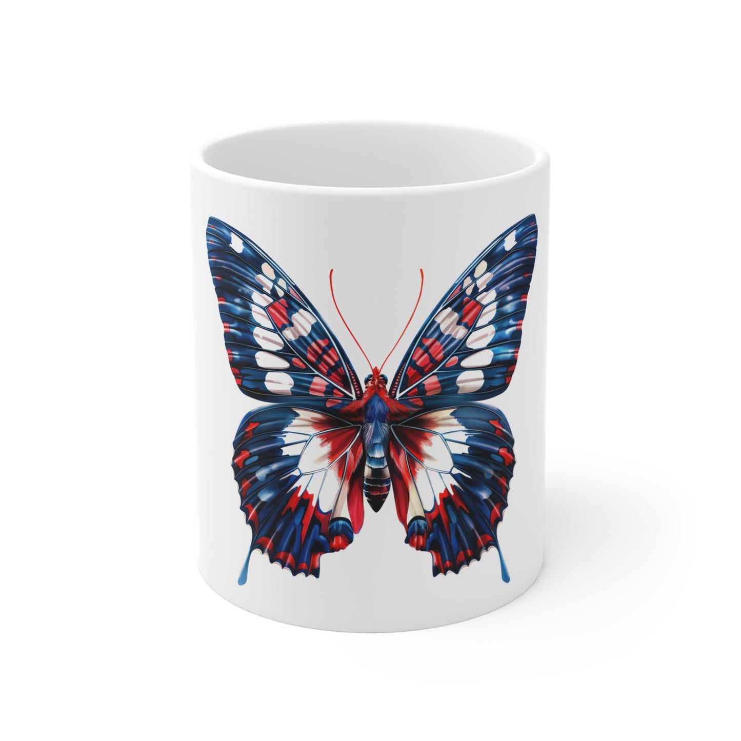 Patriotic Distressed Butterfly Mug – Red White Blue Worn Wing Butterfly Coffee Mug – Vintage Americana Art Cup – Unique USA Gift Mug Mug 11oz