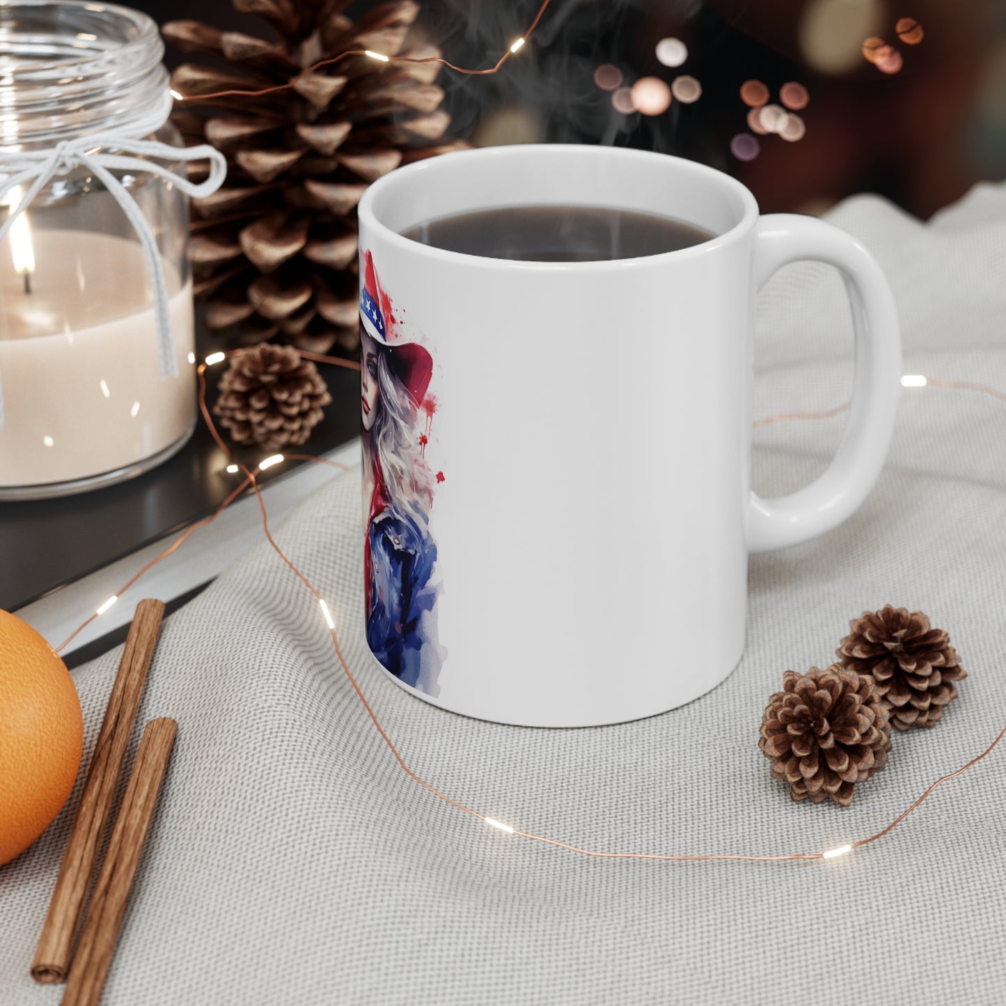 Patriotic Watercolor Cowgirl Mug – Bold Americana Woman Coffee Mug – Red White Blue Hat Art Cup – Western Style Patriotic Mug – Gift for Her Patriotic Cowgirl 11oz Coffee Mug — American Flag Hat...
