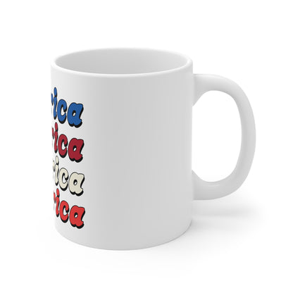 America Repeating Typography Coffee Mug – Retro Patriotic USA Mug – Bold Americana Text Design Cup – 4th of July Statement Mug Mug 11oz