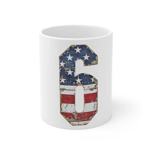 Distressed American Flag Number 6 Coffee Mug – Vintage Patriotic Number Mug – Rustic USA Stars & Stripes Cup – Americana Gift Mug 11oz