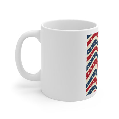 Wavy Americana Star Stripe Coffee Mug – Retro Patriotic Wave Mug – Red White Blue Star Pattern Cup – Vintage USA Flag Inspired Mug Patriotic Wavy Stars 11oz Mug — Red, White & Blue Americana Coffee...