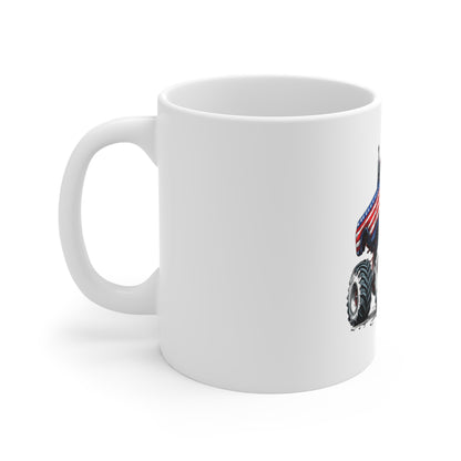 Patriotic Lifted Truck Coffee Mug – American Flag Monster Truck Mug – USA Off-Road Pickup Design – Bold Americana Gift Mug 11oz