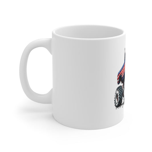 Patriotic Lifted Truck Coffee Mug – American Flag Monster Truck Mug – USA Off-Road Pickup Design – Bold Americana Gift Mug 11oz