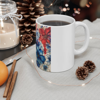 Elegant Patriotic Floral Coffee Mug – Red Blue Botanical Mug – Refined Watercolor Flower Cup – Premium Americana Art Mug Patriotic Watercolor Floral Mug – Red, White & Blue Flower Coffee Cup (11oz...