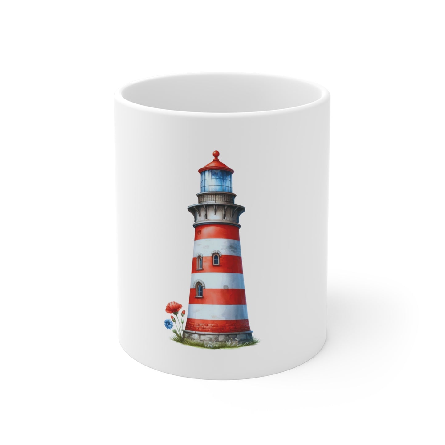 Lighthouse Ceramic Mug — Red Striped Coastal 11oz Coffee Cup
