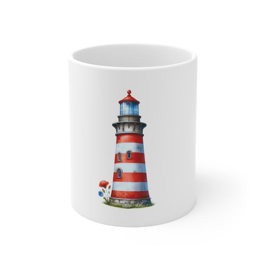 Lighthouse Ceramic Mug — Red Striped Coastal 11oz Coffee Cup