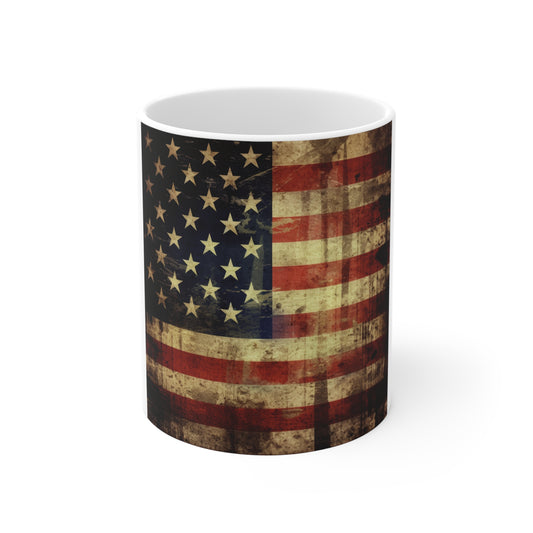 Dripping Grunge American Flag Coffee Mug – Dark Distressed USA Flag Mug – Rustic Paint Drip Patriotic Mug – Bold Americana Gift 11oz