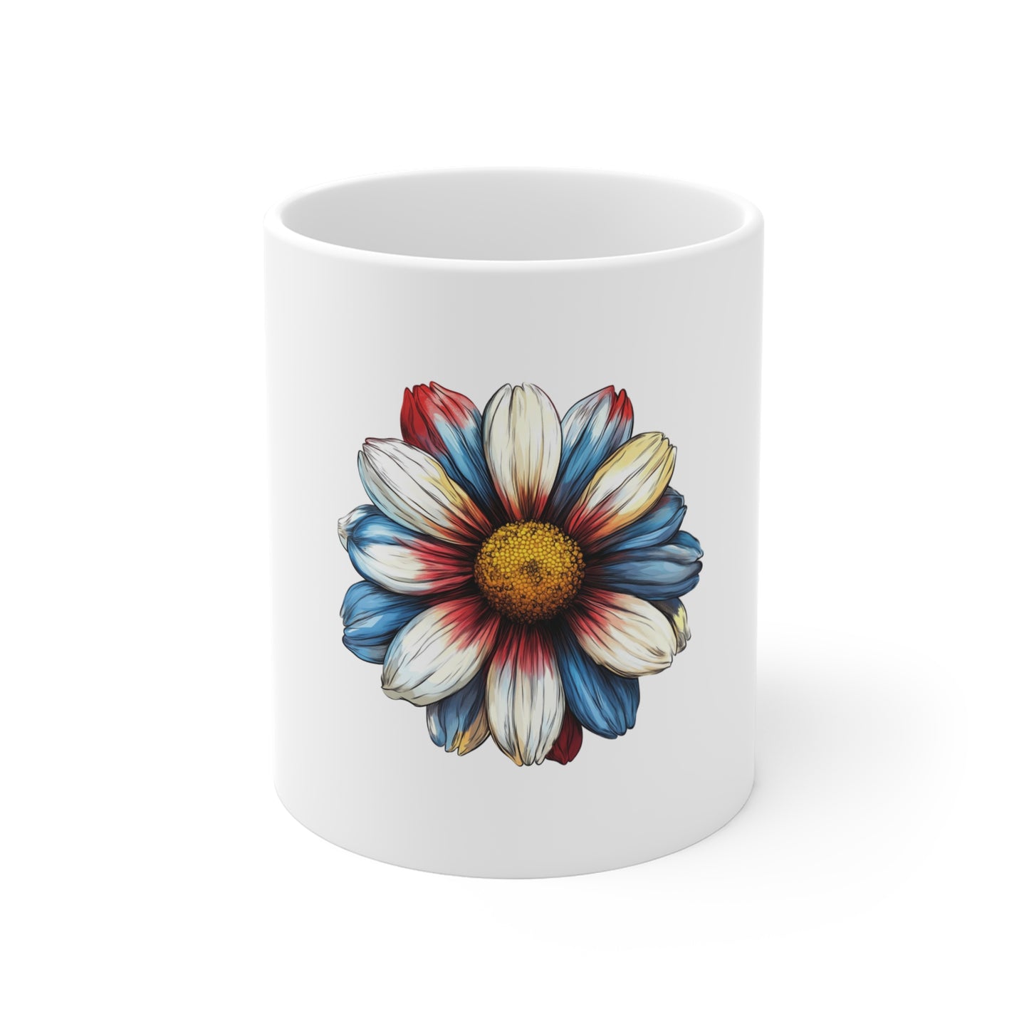 Patriotic Daisy 11oz Coffee Mug — Red White & Blue Floral Ceramic Gift