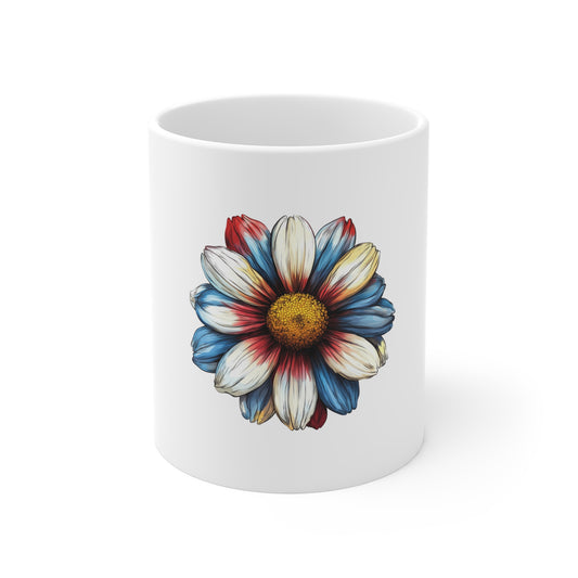Patriotic Daisy 11oz Coffee Mug — Red White & Blue Floral Ceramic Gift