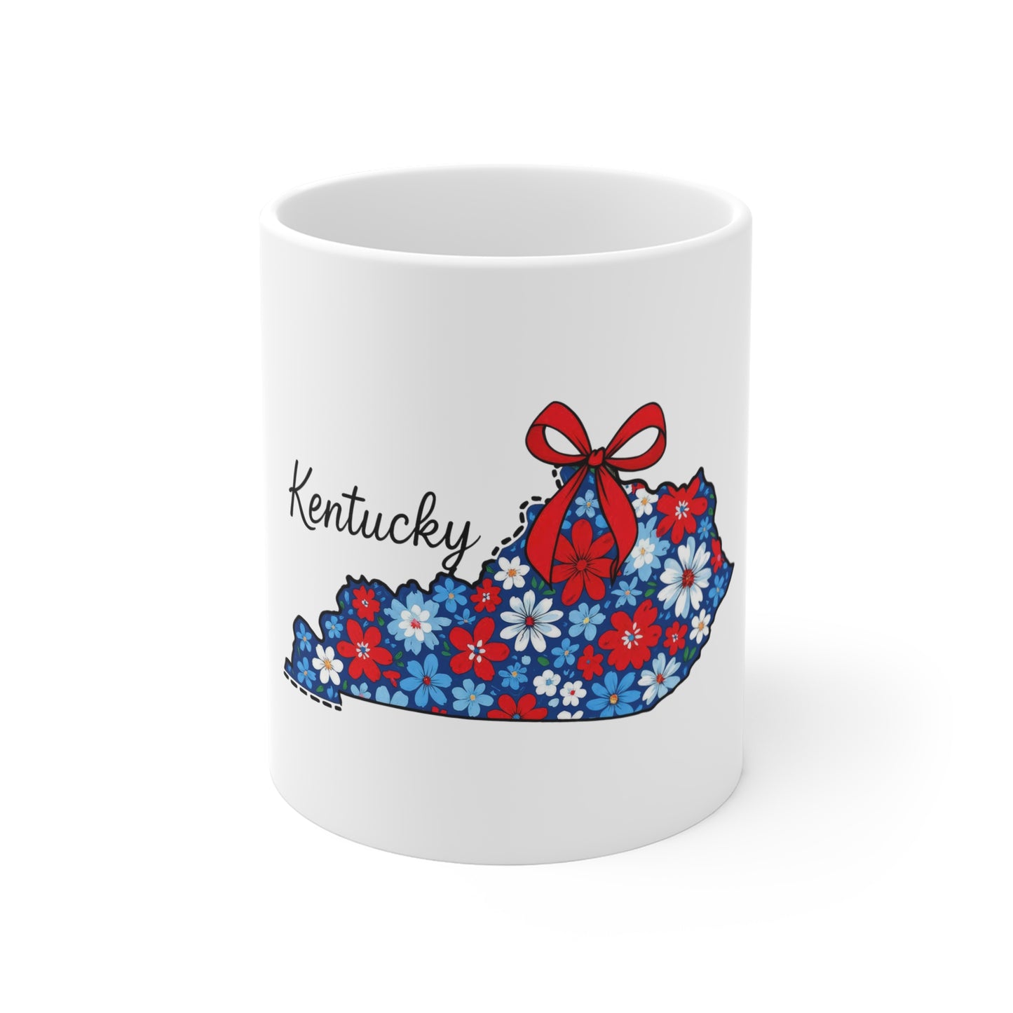Kentucky Floral State Map Mug — Red, White & Blue 11oz Coffee Cup