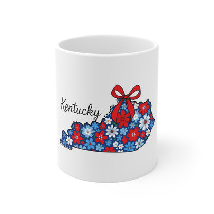 Kentucky Floral State Map Mug — Red, White & Blue 11oz Coffee Cup