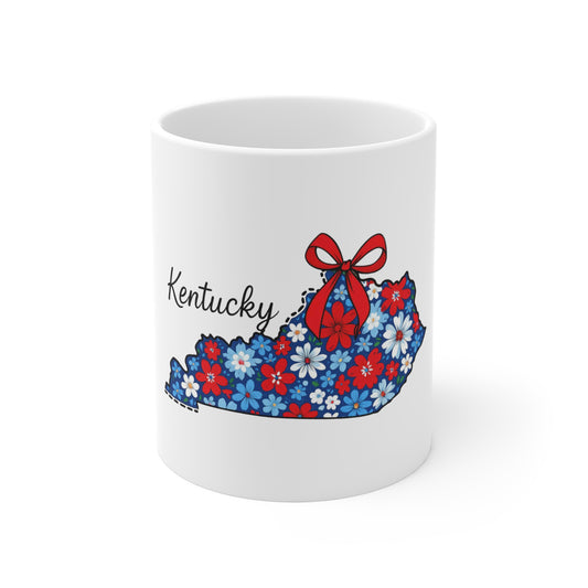 Kentucky Floral State Map Mug — Red, White & Blue 11oz Coffee Cup