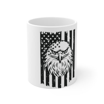 Patriotic Eagle Flag Coffee Mug – Front-Facing Bald Eagle Mug – Distressed USA Flag Design Cup – Bold American Pride Gift Mug Mug 11oz