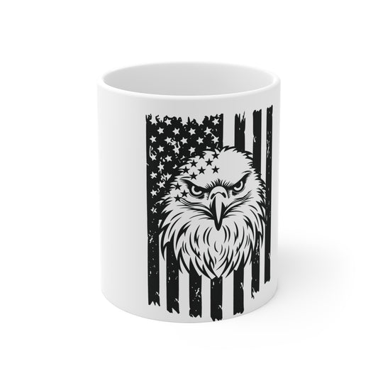 Patriotic Eagle Flag Coffee Mug – Front-Facing Bald Eagle Mug – Distressed USA Flag Design Cup – Bold American Pride Gift Mug Mug 11oz