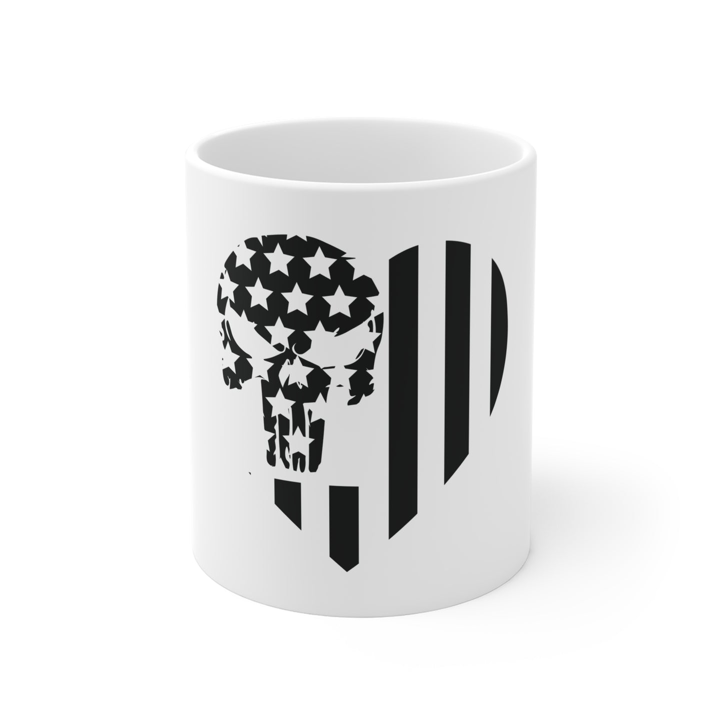 Black Minimalist Skull American Flag Coffee Mug – Stealth USA Skull Mug – Modern Patriotic Icon Cup – Tactical Americana Gift Mug 11oz