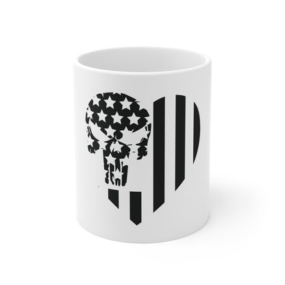 Black Minimalist Skull American Flag Coffee Mug – Stealth USA Skull Mug – Modern Patriotic Icon Cup – Tactical Americana Gift Mug 11oz