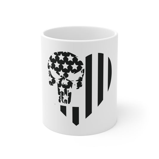 Black Minimalist Skull American Flag Coffee Mug – Stealth USA Skull Mug – Modern Patriotic Icon Cup – Tactical Americana Gift Mug 11oz