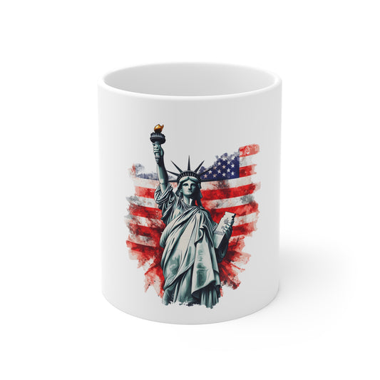 Statue of Liberty American Flag 11oz Mug - Patriotic Independence Day Coffee Cup