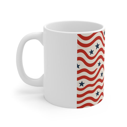 Wavy American Flag Coffee Mug – Modern Patriotic Stripe Mug – Red White Blue Wave Pattern Mug – Minimal USA Design11oz