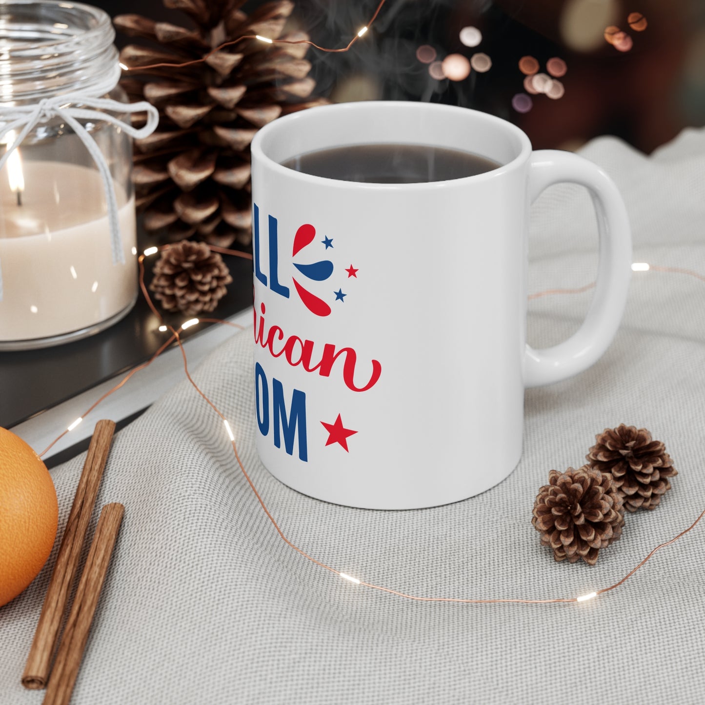 All American Mom Coffee Mug – Patriotic Mom Gift – Red White Blue USA Mug – Fourth of July Mom Cup Mug 11oz