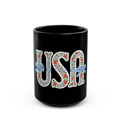 USA Floral Ribbon Mug — Patriotic Floral 11oz/15oz Black Coffee Cup