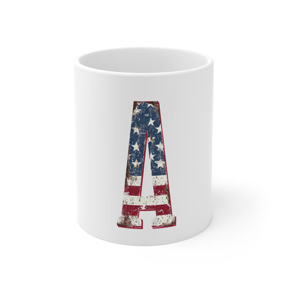 Patriotic Letter A Coffee Mug – American Flag Alphabet Mug – Rustic USA Initial Mug – Vintage Americana Monogram Gift Mug 11oz