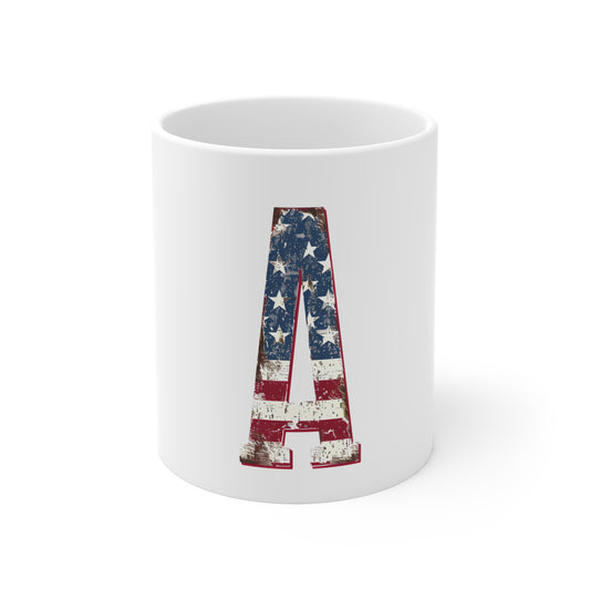 Patriotic Letter A Coffee Mug – American Flag Alphabet Mug – Rustic USA Initial Mug – Vintage Americana Monogram Gift Mug 11oz
