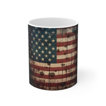 Distressed American Flag Coffee Mug – Drip Grunge USA Mug – Dark Patriotic Mug – Rugged Americana Gift 11oz