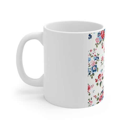 Patriotic Cottage Floral Coffee Mug – Red White Blue Garden Mug – Vintage Americana Flower Cup – Soft Country Floral Mug Floral Vintage Rose 11oz Ceramic Mug