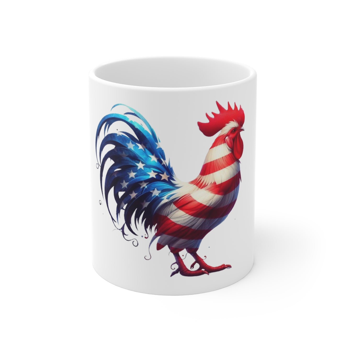 Patriotic Rooster Coffee Mug – American Flag Swirl Feather Rooster – Red White Blue Artistic Chicken Mug – USA Pride Gift American Flag Rooster Mug - Patriotic 11oz Coffee Cup