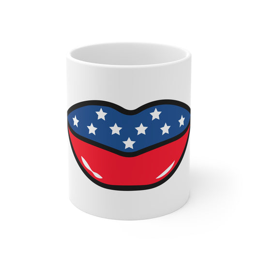 American Flag Lips Coffee Mug – Bold Patriotic Pop Art Mug – Stars and Stripes Statement Cup – Modern USA Gift Mug – Graphic Americana Mug Mug 11oz