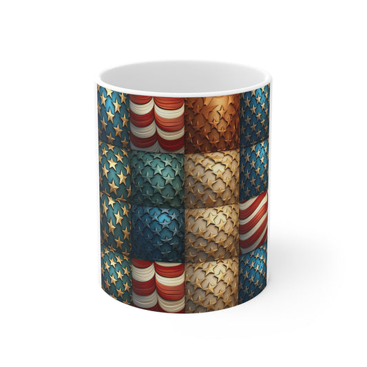 3D Americana Patchwork Coffee Mug – Vintage Patriotic Stars & Stripes Mug – Textured USA Flag Quilt Design – Rustic Red White Blue Mug 11oz